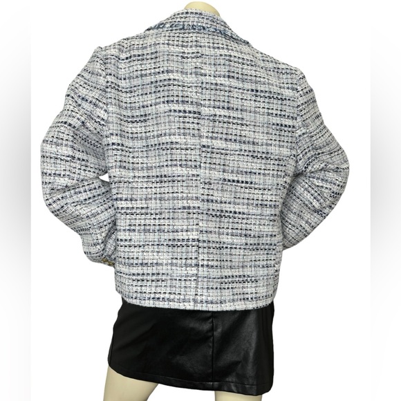 MINA SELF White & Blue Tweed Plaid w/Gold Ornate Buttons & Filly Trim Blazer, 2X - Picture 5 of 16